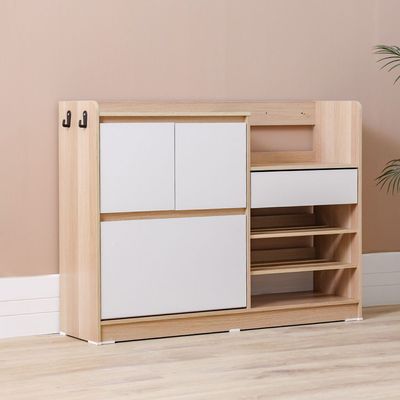 Barbados 15-Pair Shoe Cabinet with Open Shelves & Hooks - White / Oak - With 2-Year Warranty