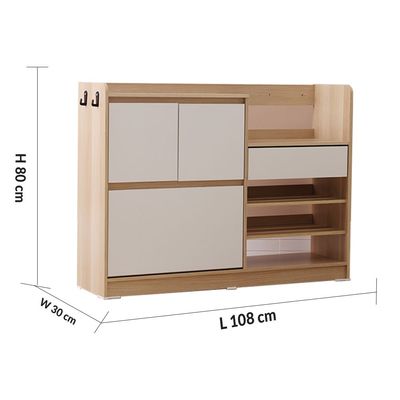 Barbados 15-Pair Shoe Cabinet with Open Shelves & Hooks - White / Oak - With 2-Year Warranty