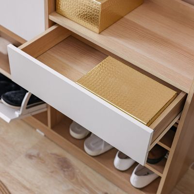 Barbados 15-Pair Shoe Cabinet with Open Shelves & Hooks - White / Oak - With 2-Year Warranty