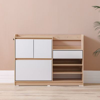 Barbados 15-Pair Shoe Cabinet with Open Shelves & Hooks - White / Oak - With 2-Year Warranty