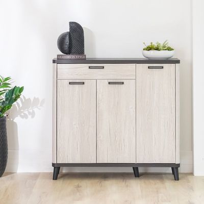 Kirwin 22-Pair Shoe Cabinet | 3 Doors and 1 Drawer - Grey Oak/Black - With 2-Year Warranty