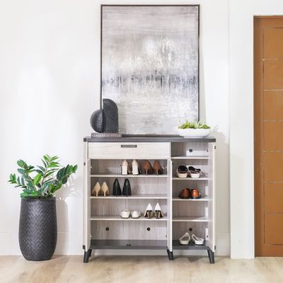Kirwin 22-Pair Shoe Cabinet | 3 Doors and 1 Drawer - Grey Oak/Black - With 2-Year Warranty