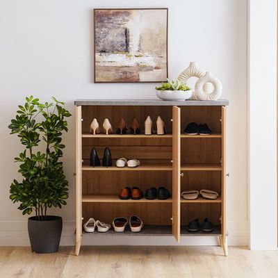 Eden 3 Door Shoe Cabinet-Oak & Cement - 16 Pairs