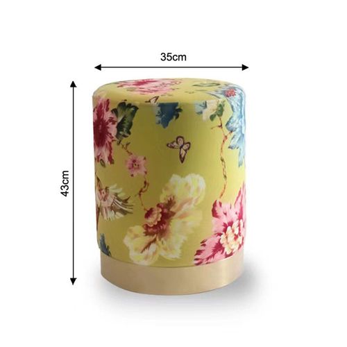 Echo Printed Velvet Pouf - Flower Pattern/Gold - With 2-Year Warranty