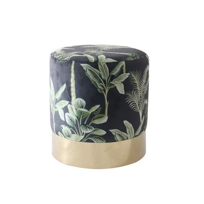 Jela Printed Velvet Pouf - Botanical Pattern/Gold - With 2-Year Warranty