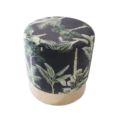 Jela Printed Velvet Pouf - Botanical Pattern/Gold - With 2-Year Warranty