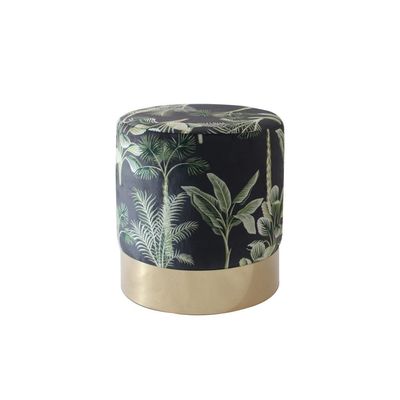 Jela Printed Velvet Pouf - Botanical Pattern/Gold - With 2-Year Warranty