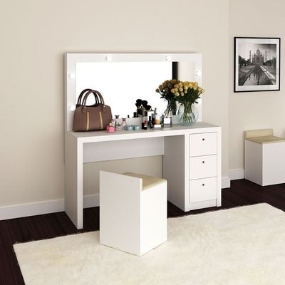 Aldrick Dressing Table With Mirror and 3 Drawers - White - With 2-Year Warranty