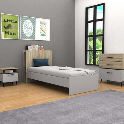 Fusion 90x200 Headboard Storage Kids Bedroom Set with USB - Sonoma Oak/Light Grey - With 2-Year Warranty