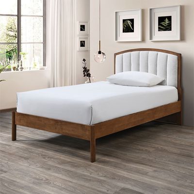 Derby Lloyd 120x200 Solid Wood Single Bed with Upholstered Headboard-Brown+Beige