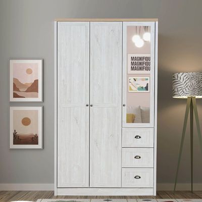 Cambridge 3 Door Wardrobe W/3 Drawers & Mirror-Oak & White Oak