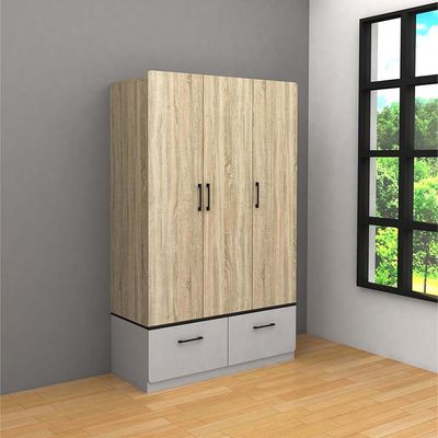 Fusion 3-Door Wardrobe with 2 Drawers - Sonoma Oak & Light Grey - With 2-Year Warranty