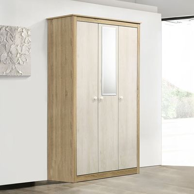 Kelly 3 Door Wardrobe W/Mirror-White Ash+Sonoma Oak