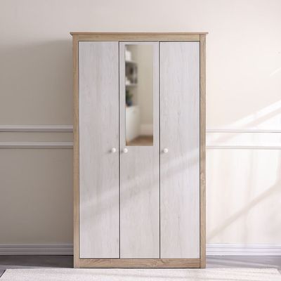 Kelly 3 Door Wardrobe W/Mirror-White Ash+Sonoma Oak