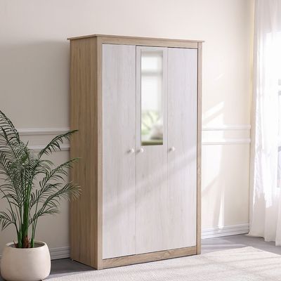 Kelly 3 Door Wardrobe W/Mirror-White Ash+Sonoma Oak