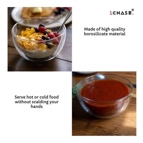 1CHASE Double Wall Borosilicate Salad, Pasta, Matcha, Rice, Soup Bowl, Hot And Cold Serving Bowls, Fruit Bowls, Set of 2 (750ML)