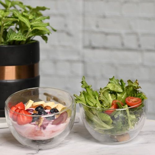 1CHASE Double Wall Borosilicate Salad, Pasta, Matcha, Rice, Soup Bowl, Hot And Cold Serving Bowls, Fruit Bowls, Set of 2 (750ML)