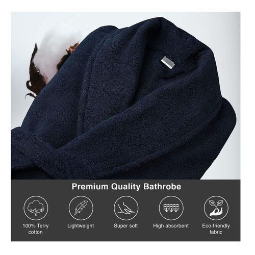 Terry AR Linen Shawl Collar Bathrobe With Slippers for Women and Men Lightweight Robe Navy Blue Medium
