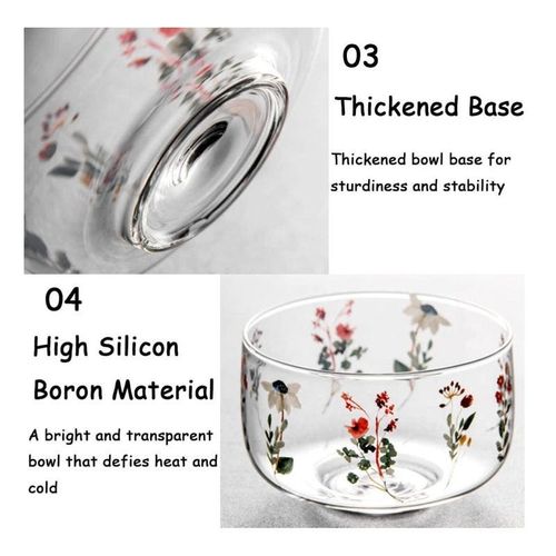 1CHASE Borosilicate Salad, Dessert Serving Bowls With Japanese Floral Print, 650 ML, Set Of 2