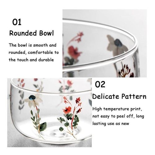1CHASE Borosilicate Salad, Dessert Serving Bowls With Japanese Floral Print, 650 ML, Set Of 2