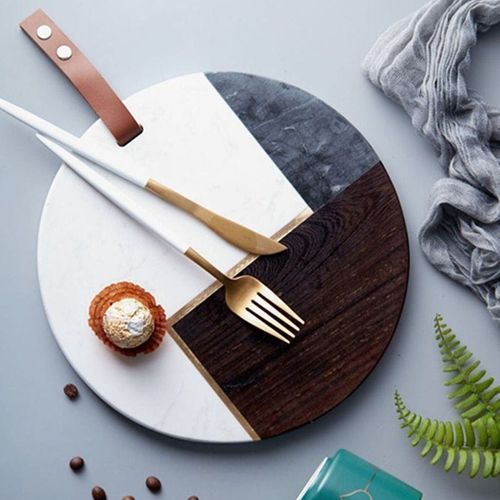 Natural Round Shape Marble Tray With Acacia Wood And Leather Strap 25 CM