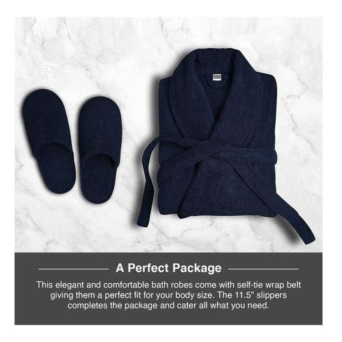 Terry Shawl Collar Bathrobe With Slippers for Women and Men Lightweight Robe Navy Blue  Large