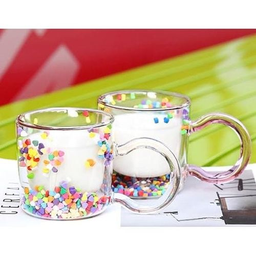  1CHASE® Borosilicate Double Wall Glass Tea, Coffee Cup With Heart & Liquid Sand Decoration 200 ML (Transparent)