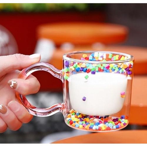  1CHASE® Borosilicate Double Wall Glass Tea, Coffee Cup With Heart & Liquid Sand Decoration 200 ML (Transparent)