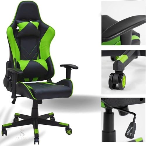 Professional Gaming Chair, Polyvor, 3D Armrests, Class 4 Piston, Seat Rocker, Height Adjustable, Recliner, Lumbar &amp; Cervical Cushions (Green/Black)