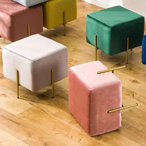 Angela Square Velvet Fabric Footstool Golden Metal Ottoman - Blue