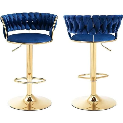 Angela Velvet 360 Rotating Adjustable Swivel Golden Metal High Bar Stool With Backrest - Blue