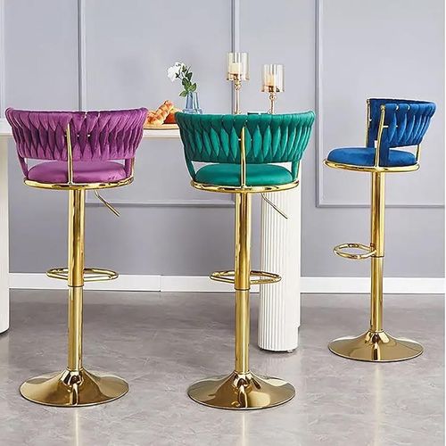 Angela Velvet 360 Rotating Adjustable Swivel Golden Metal High Bar Stool With Backrest - Blue