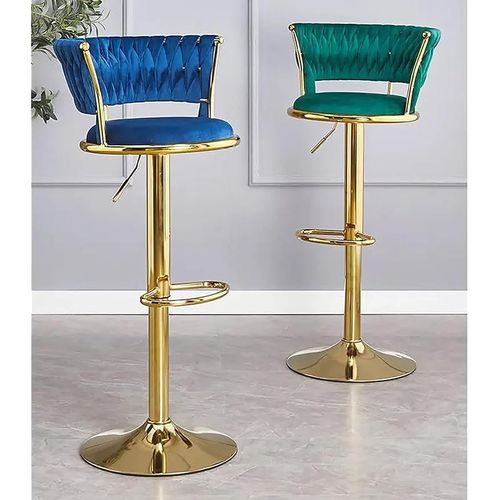 Angela Velvet 360 Rotating Adjustable Swivel Golden Metal High Bar Stool With Backrest - Blue