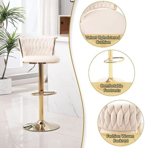 Angela Velvet 360 Rotating Adjustable Swivel Golden Metal High Bar Stool With Backrest - Blue