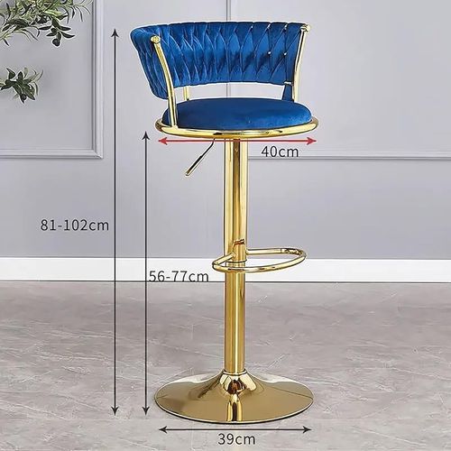 Angela Velvet 360 Rotating Adjustable Swivel Golden Metal High Bar Stool With Backrest - Blue