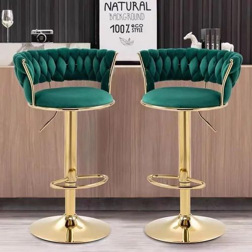 Angela Velvet 360 Rotating Adjustable Swivel Golden Metal High Bar Stool With Backrest - Green