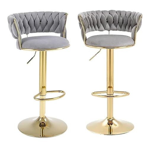 Angela Velvet 360 Rotating Adjustable Swivel Golden Metal High Bar Stool With Backrest - Light Grey