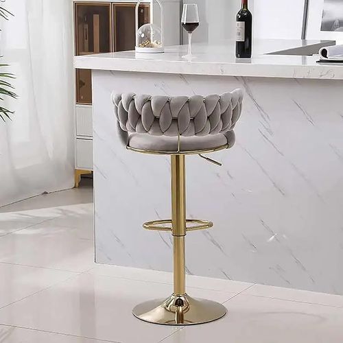Angela Velvet 360 Rotating Adjustable Swivel Golden Metal High Bar Stool With Backrest - Light Grey