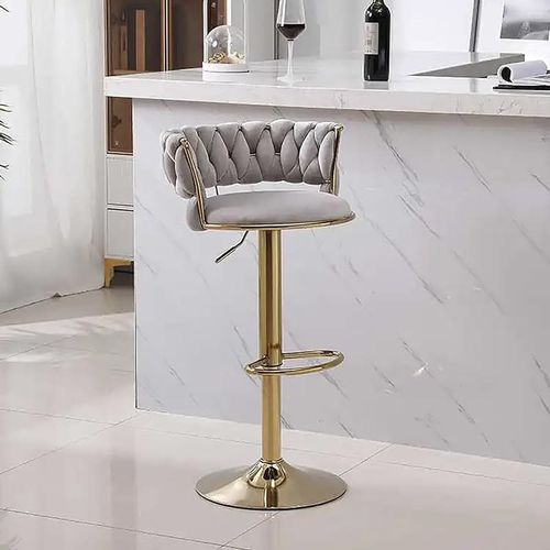 Angela Velvet 360 Rotating Adjustable Swivel Golden Metal High Bar Stool With Backrest - Light Grey