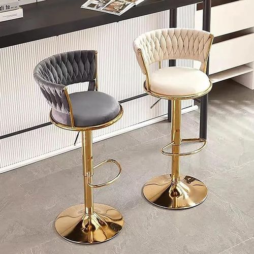 Angela Velvet 360 Rotating Adjustable Swivel Golden Metal High Bar Stool With Backrest - Light Grey