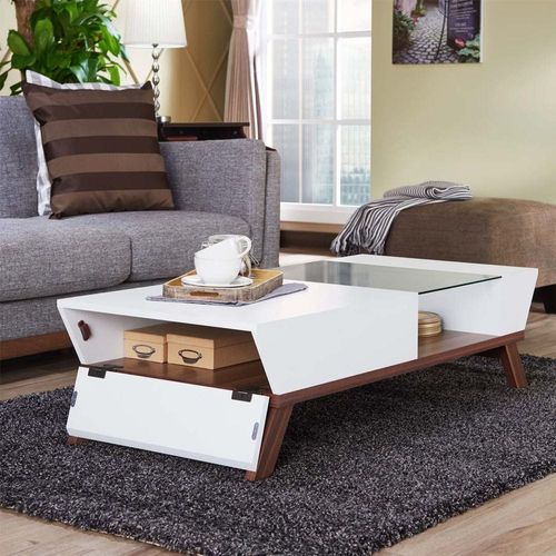 Browson Mid-Century Modern Glass Insert Coffee Table White