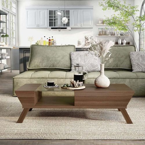 Browson Mid-Century Modern Glass Insert Coffee Table Brown