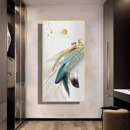 BLISS VIE WALL PAINTING TURQUOISE GOLD FEATHER 70x140
