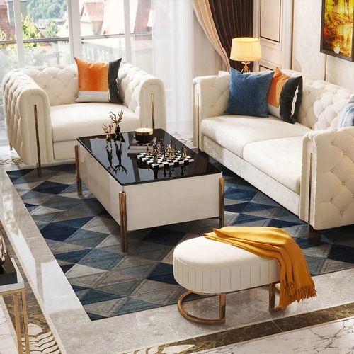 Daslaop 3+1 Seater Sofa Velvet Fabric - Cream -L 220cm x W 100cm x H 82cm