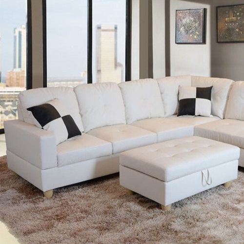 Airlaier 5 Seater Corner Sofa with Ottoman Leather - Ivory - L 261cm x W 187cm x H 81cm