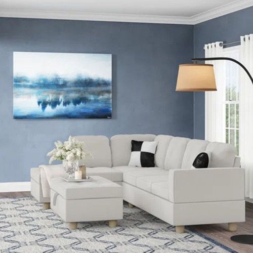 Airlaier 5 Seater Corner Sofa with Ottoman Leather - Ivory - L 261cm x W 187cm x H 81cm