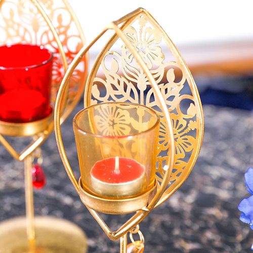 Arianna Set Of 2 Floral Cut Leaf Shape Votive Holder Red & Gold