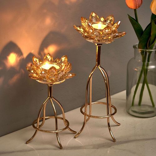 Abriz Candle Holder Gold Metal / Crystal  12 X 12 X 25.5 CM