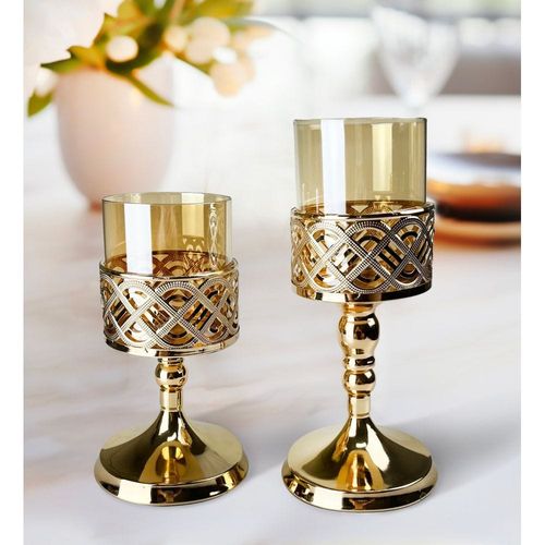 Medalion Set Of 2 Metal Candle Holder S-10X20Cm L-10X25Cm Titanium Gold