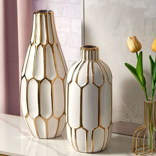 Abriz Vase White/Gold Ceramic  15.5 X 15.5 X 38 CM